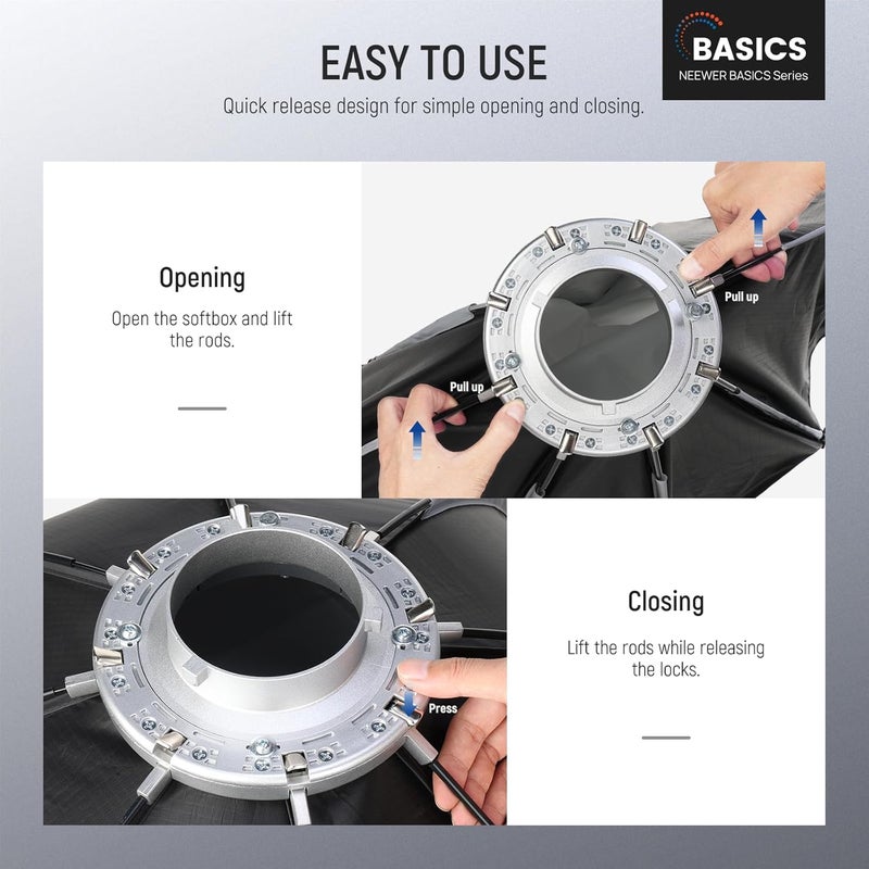 Neewer Basics Octagonal Softbox Kit for Studio Photography Video Recording Streaming, 35"/90cm Quick Release Bowens Mount Softbox/Grid/Light Diffusers/Bag, for Continuous Lighting Strobe Flash, NS34P - Image 2